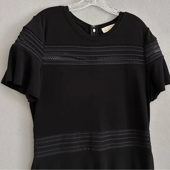 Michael Kors Black A-Line Dress Short Sleeve Ruffle Hem Crew Neck Mesh Insets XL - Picture 4 of 11